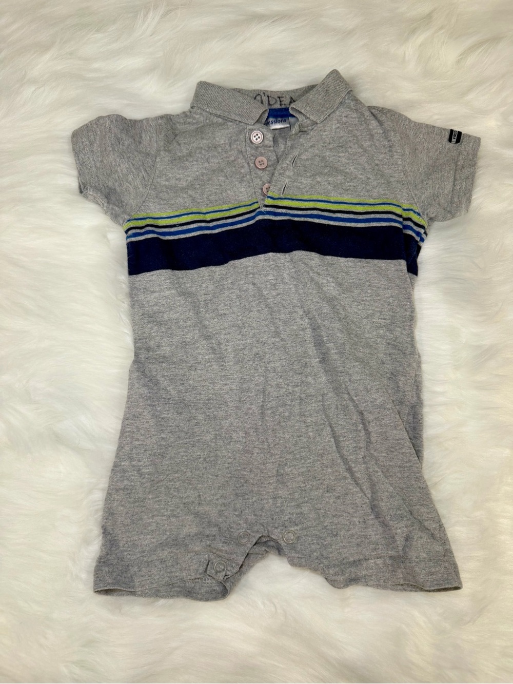 First Impressions Gray Polo Stripe Baby One-Piece with Navy & Lime Accents